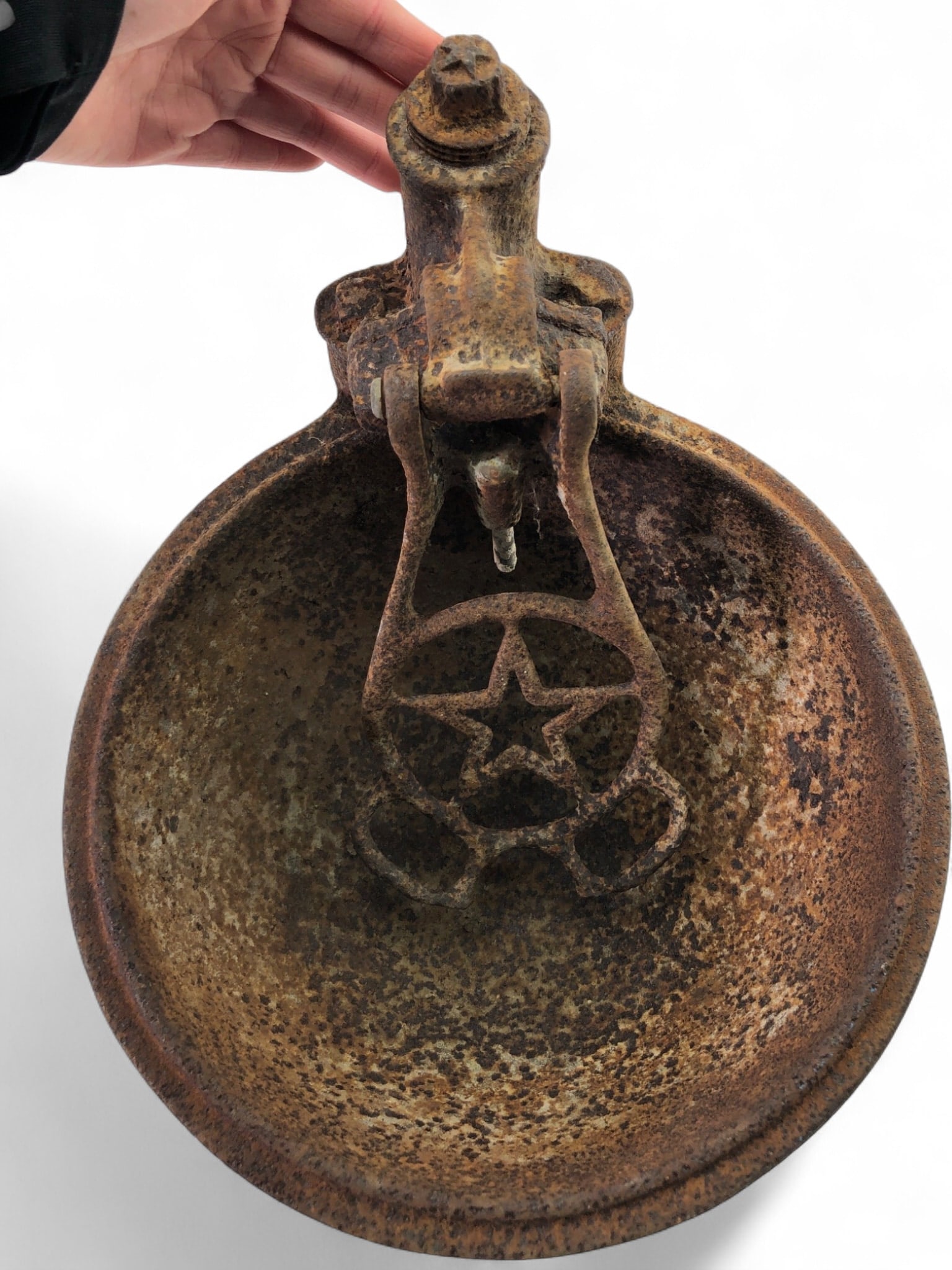 VTG Cast Iron Horse Drinking Fountain: VTG cast iron horse drinking fountain, featuring a rustic bowl and a lever mechanism with a star motif. Heavily rusted, consistent with age and outdoor use. Total length including pole is 13 inches.