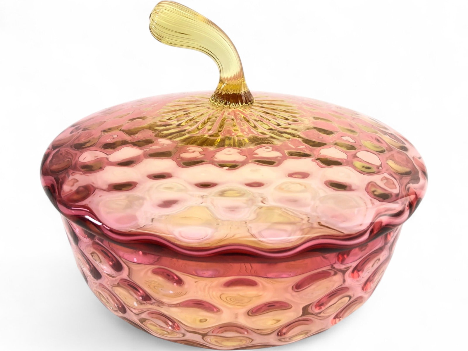 Rare Hobbs Brockunier Rubina Reverse Thumbprint Candy Dish: Rare Rubina glass candy dish with lid, attributed to Hobbs, Brockunier & Co., c. 1890. Features a reverse thumbprint (inverted coin spot) pattern with a gradient color transition from cranberry to