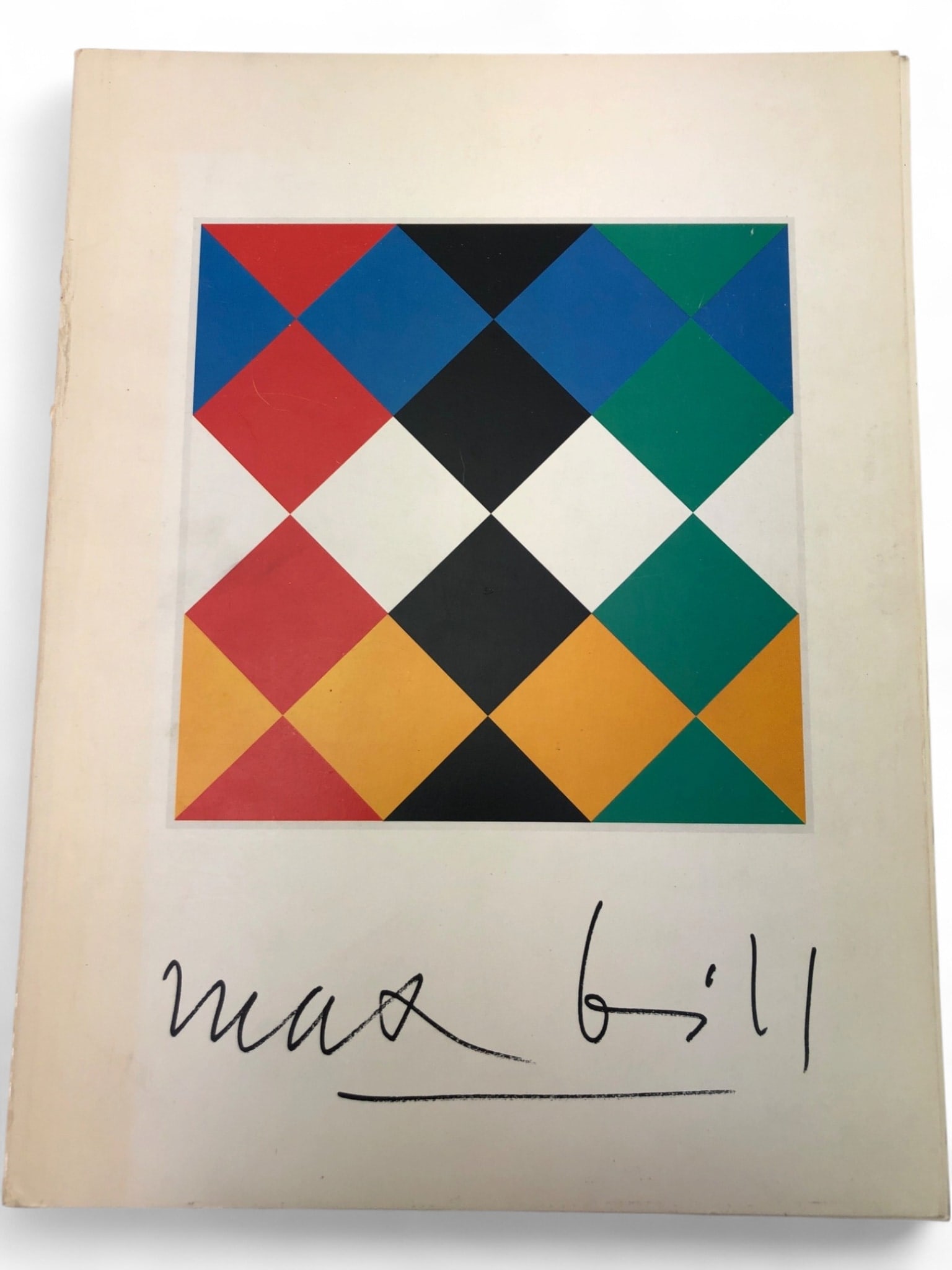Rare Max Bill 1974 Exhibition Catalogue: Rare 1974 first edition softcover exhibition catalogue for Swiss artist Max Bill, published by Albright-Knox Art Gallery. Features a geometric abstract cover design. Includes texts by Bill, essays, bi
