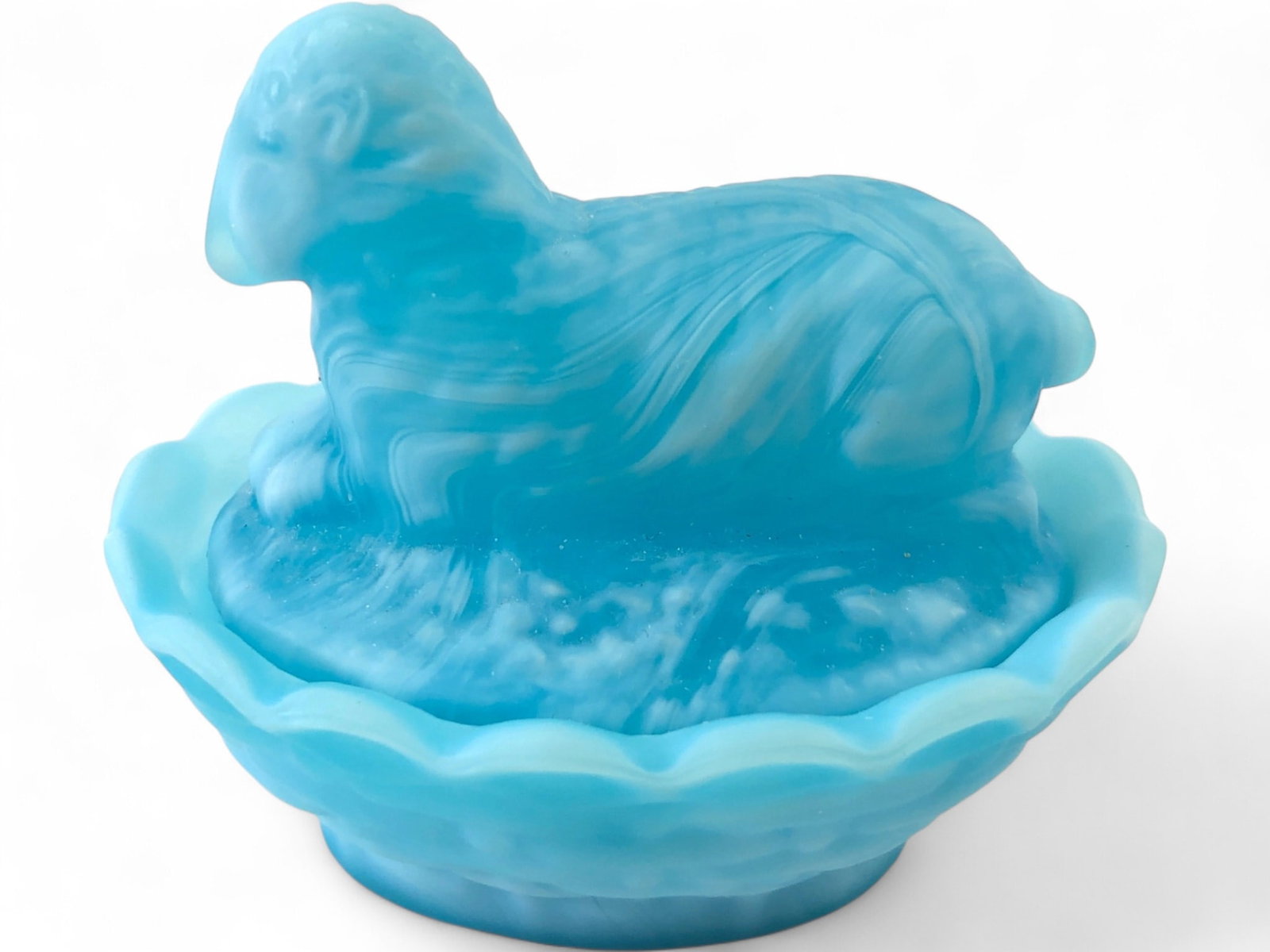 Rare Boyd Alpine Blue Slag Glass Lamb on Nest: Rare Boyd's Crystal Art Glass lamb on nest covered dish. Crafted from alpine blue slag glass, featuring a swirled blue and white pattern. The lamb figure serves as the lid, resting on a basket-weave b