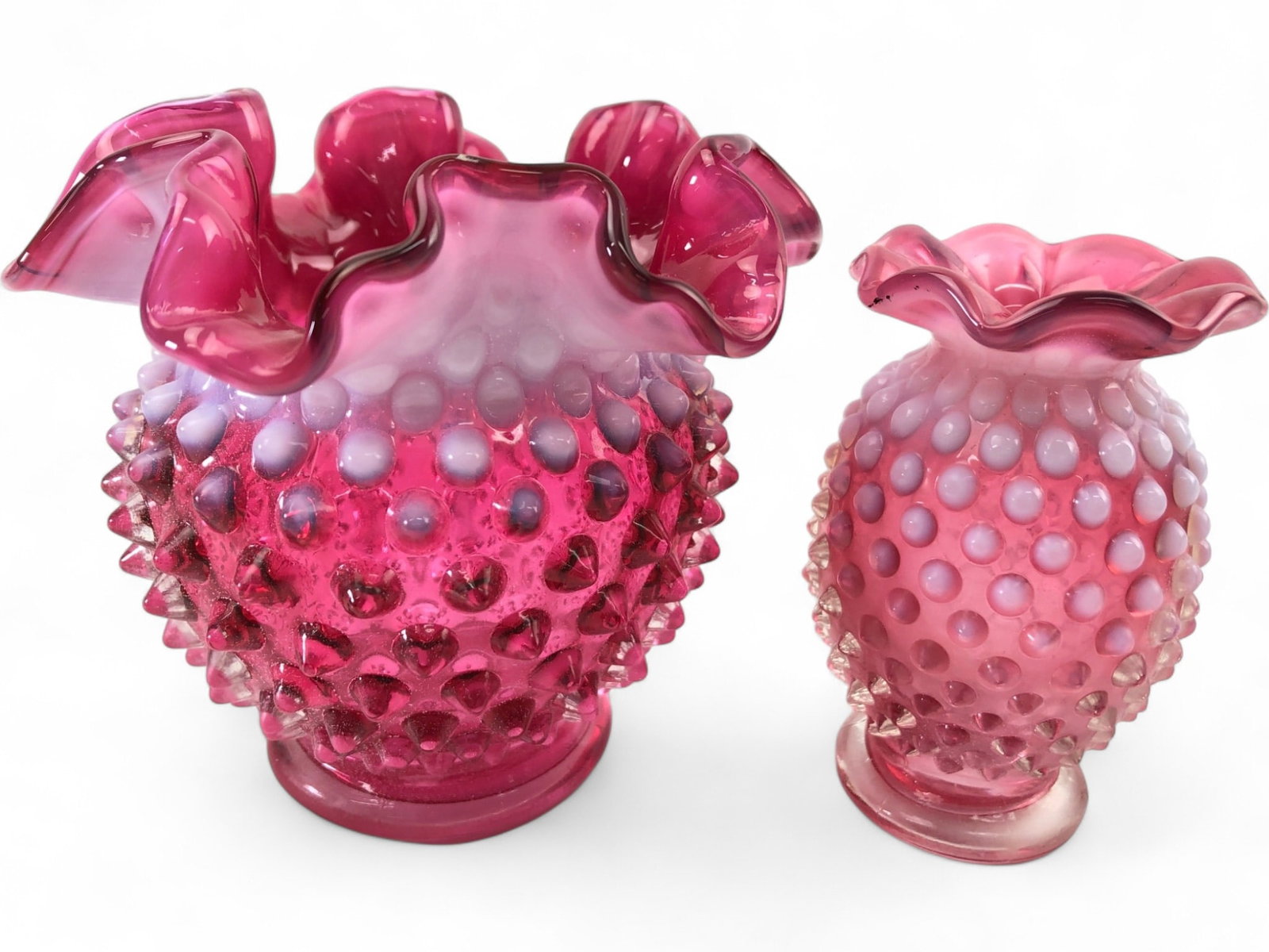 VTG Fenton Cranberry Opalescent Hobnail Vases (1 of 6)