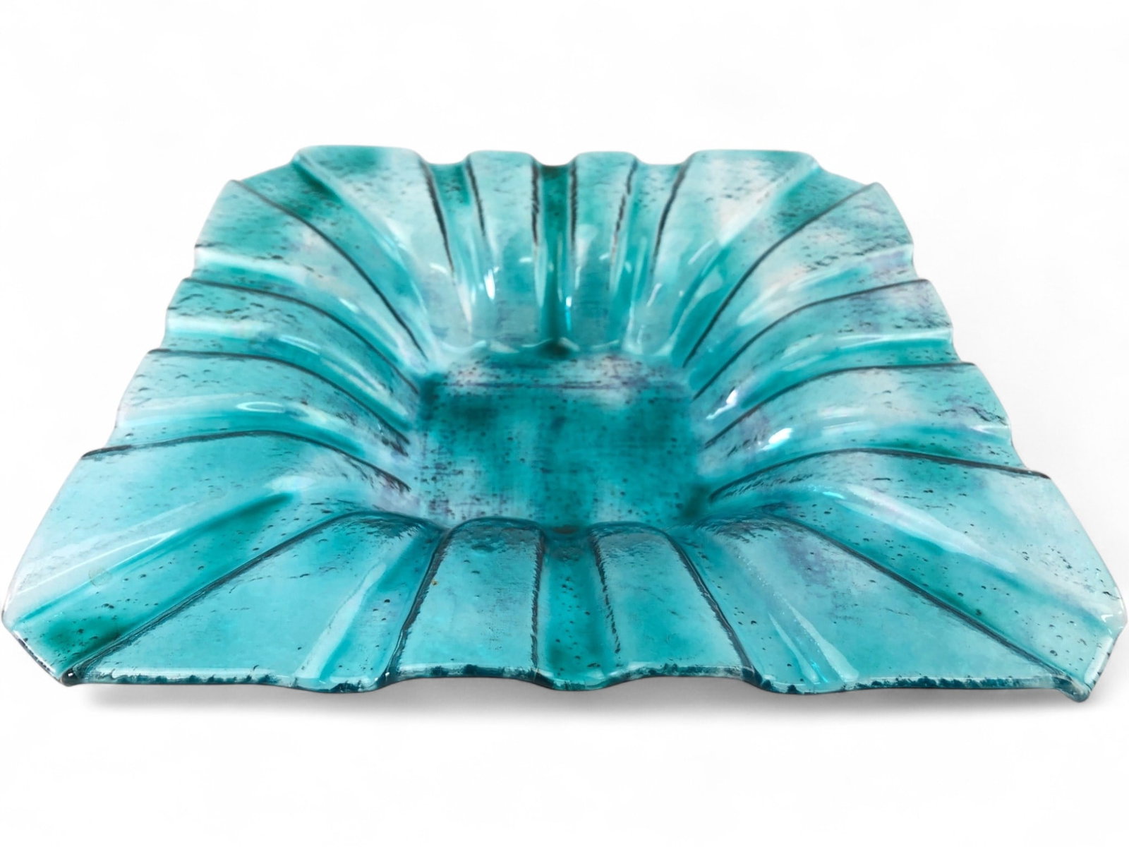 VTG Textured Art Glass Centerpiece, 10x10: VTG textured art glass centerpiece with scalloped edge. Features a vibrant teal/turquoise hue with an organic, bubbly texture throughout. The square form has deeply fluted sides radiating from a centr