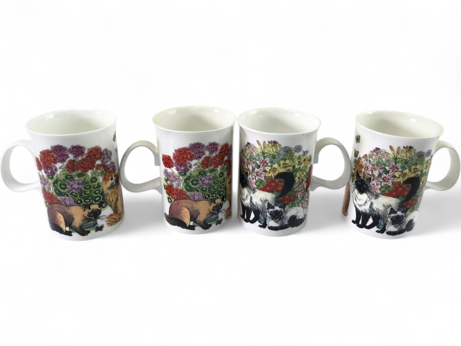 Dunoon Fine Bone China Cat Mugs: Set of four (4) Dunoon fine bone china mugs, designed by Sue Scullard. Each mug features vibrant, detailed illustrations of various cat breeds amidst lush floral arrangements. Marked on the base 'Soph