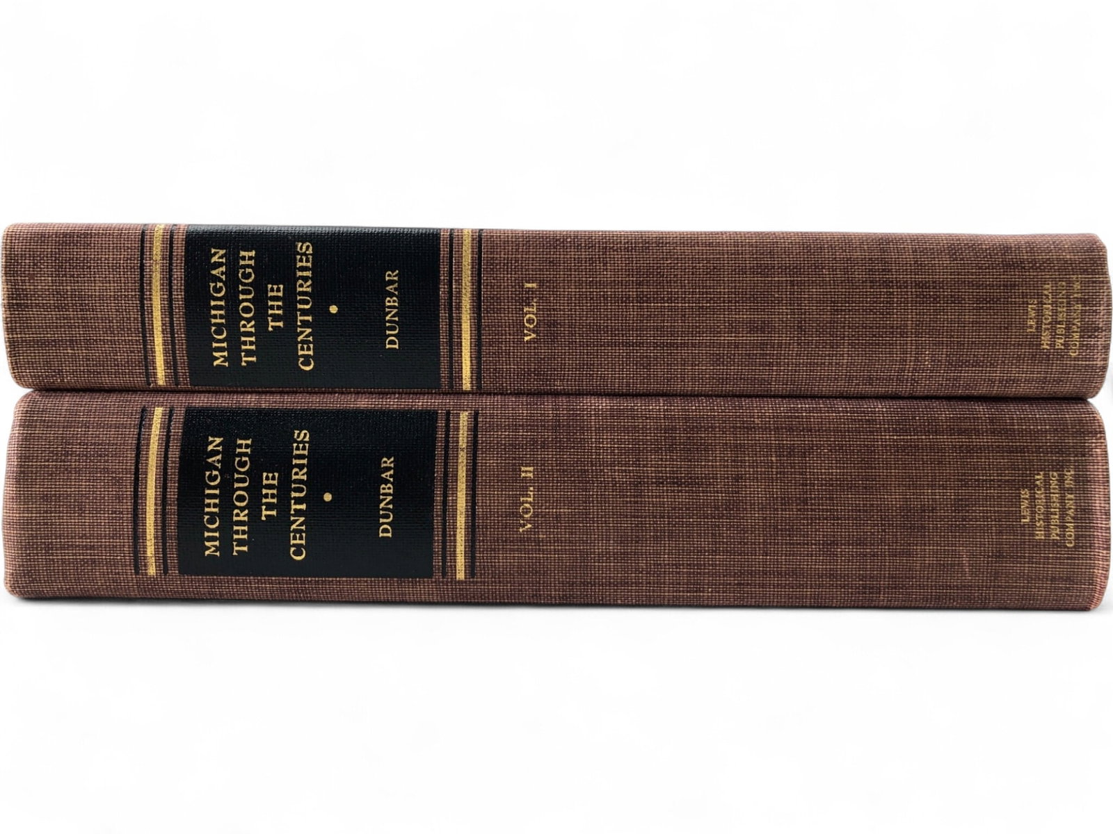 1955 Michigan Through the Centuries, 2 Vol. Set: 1955 first edition two-volume hardcover set of 'Michigan Through the Centuries' by Willis Frederick Dunbar, Ph.D. Published by Lewis Historical Publishing Company, Inc., New York. Features brown cloth