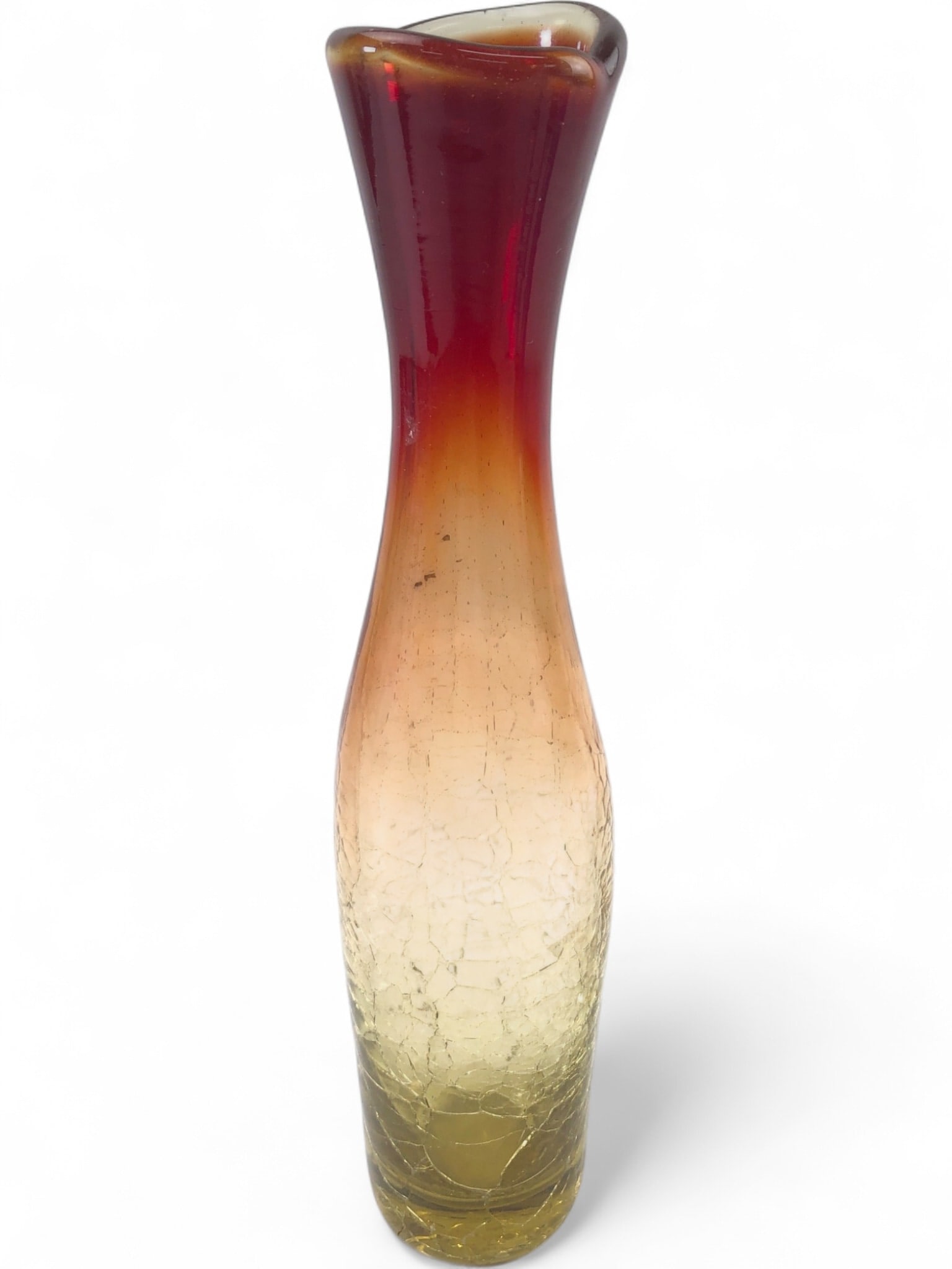 MCM Amberina Crackle Art Glass Bud Vase: MCM amberina crackle art glass bud vase, 10 5/8" tall. This hand-blown piece features a striking ombre color transition from deep red at the flared, irregular rim to amber and yellow at the base. The 