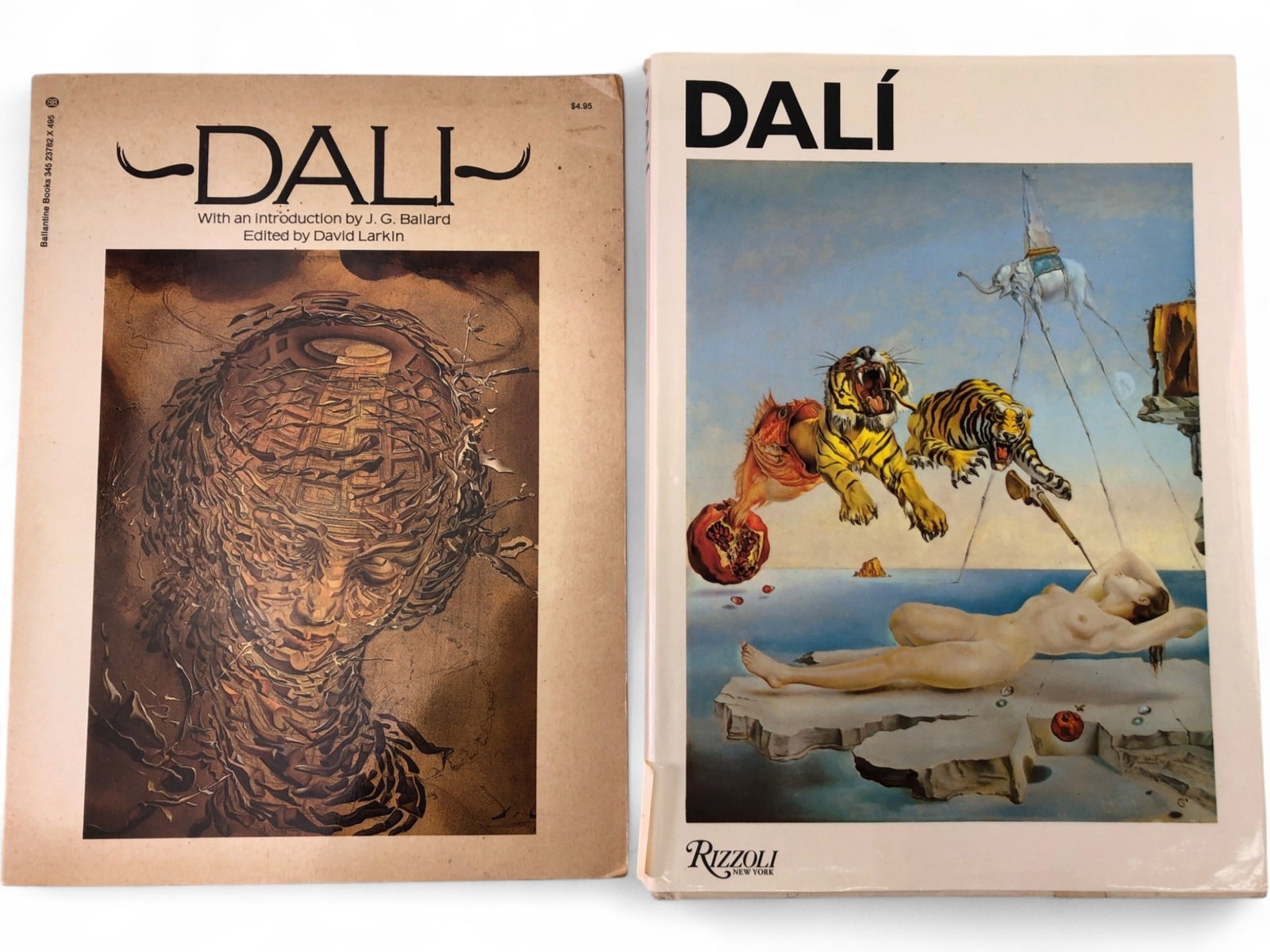 Ballantine & Rizzoli - Two Salvador Dalí Art Books: A lot of two art books featuring the works of Salvador Dalí. The first, a 1974 Ballantine Books paperback titled "DALI," is edited by David Larkin with an introduction by J.G. Ballard, featuring "The