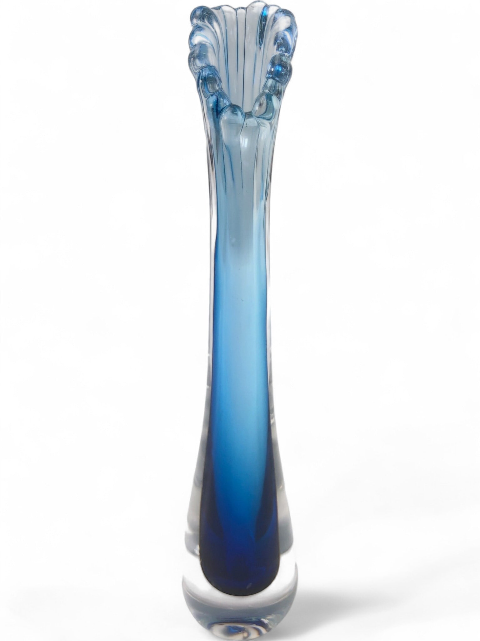 VTG Signed Prism Cobalt Sommerso Swung Art Glass Vase: VTG signed art glass vase, 10" tall. Hand-blown with a striking cobalt sommerso design, transitioning from clear to deep blue and lighter blue. Features a distinctive swung, ruffled rim and a solid cl