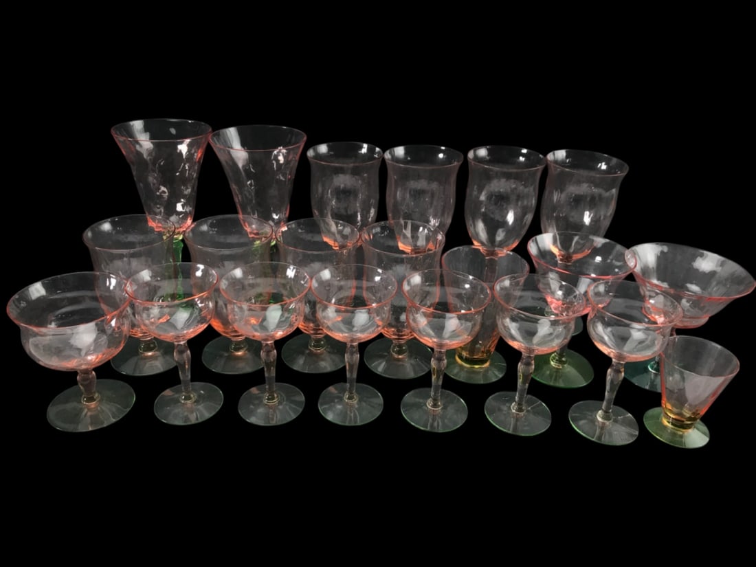 Rare VTG Weston Watermelon Uranium Glass Lot: VTG Weston Watermelon uranium glass lot, 21 pcs. Features pink/peach bowls with green uranium glass stems & bases that glow under UV light. One stem does not glow. Includes a mix of glasses and sizes 