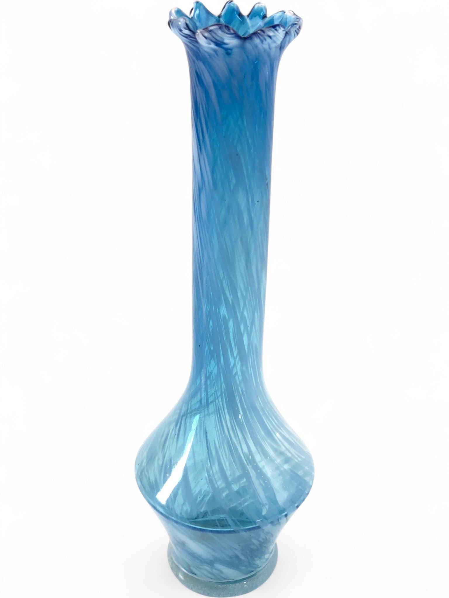 VTG Isco Japan Swirl Art Glass Vase, 9.75" tall: VTG Isco Japan biomorphic art glass vase, 9.75" tall. Hand-blown light blue art glass with a distinctive internal white swirl pattern and a ruffled rim. Features a slender neck and a bulbous base. Bea