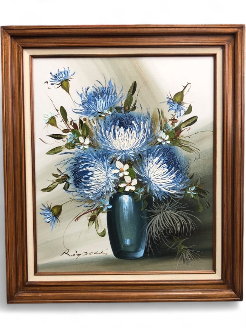 Franco Rispoli Signed Floral Still Life Oil Painting: Original oil on canvas painting by Italian artist Franco Rispoli (1921-1989). The work features a vibrant still life of blue and white flowers in a dark blue vase, executed with heavy impasto texture.