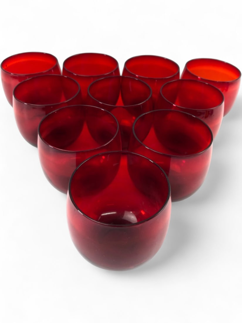 MCM Anchor Hocking Red Roly Poly Glasses, Set of 10: MCM Anchor Hocking Red Roly Poly Glasses, set of 10. Crafted from vibrant ruby red glass with a distinctive rounded base. Each glass measures 3.25" tall. Excellent vintage condition with minimal wear.