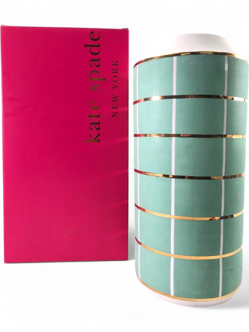 Kate Spade Lenox Sunset Street Large Vase 14": Kate Spade New York Lenox Sunset Street large ceramic vase. Features a matte green finish with white vertical stripes and gold horizontal bands. Measures 14" tall. Marked on base. Shows scuff marks an