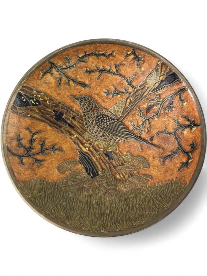 Indian Enamel on Brass Pedestal Bowl, 6" dia.: An enamel on brass pedestal bowl, made in India. Features a central design of a bird perched on a tree branch, with a textured, coppery-orange background and dark foliage. The lower portion shows a gr