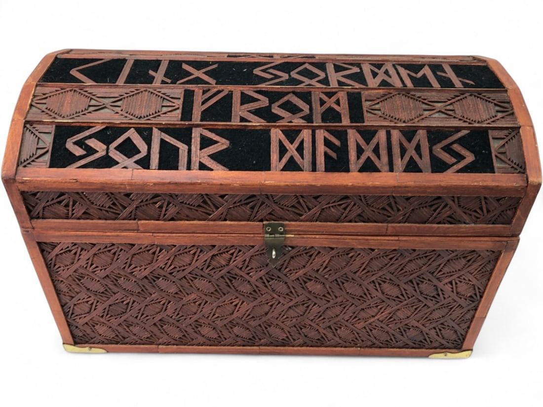 VTG Tramp Art Style Wooden Chest with Runes: Vintage wooden chest featuring intricate tramp art style chip-carved geometric patterns. The lid is decorated with hand-carved runic characters over a black velvet-lined background. Interior is lined 