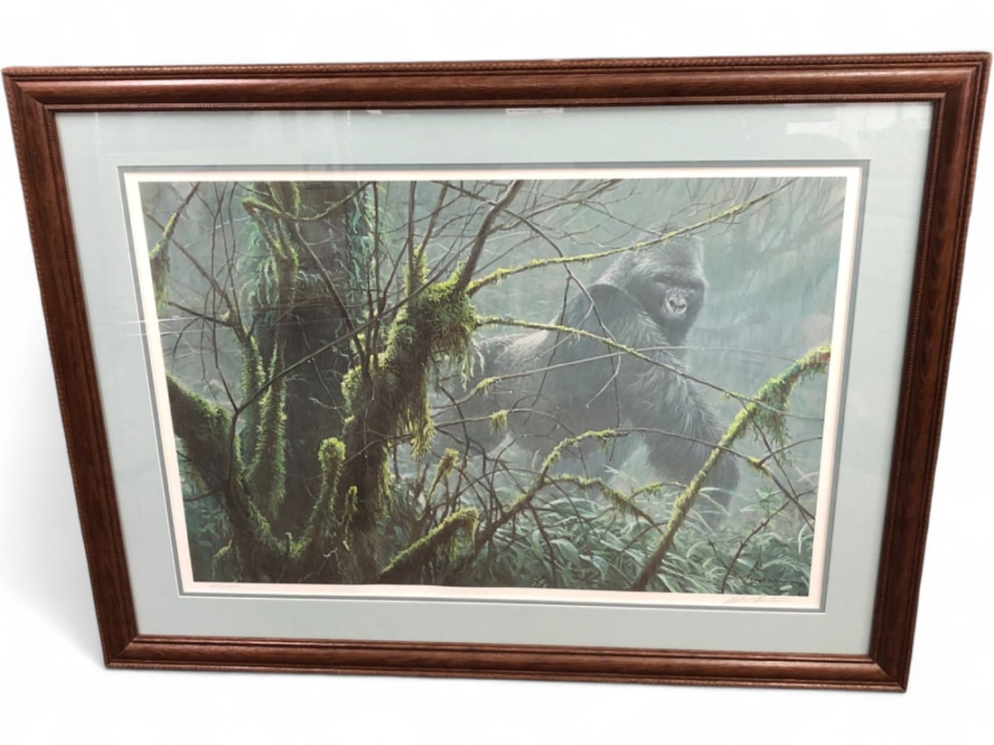 Robert Bateman "Intrusion — Mountain Gorilla" Lithograph: Robert Bateman's limited edition offset lithograph "Intrusion — Mountain Gorilla," signed and numbered 2043/2250. Printed in 1992 by Mill Pond Press on acid-free paper, depicting a gorilla in a mist