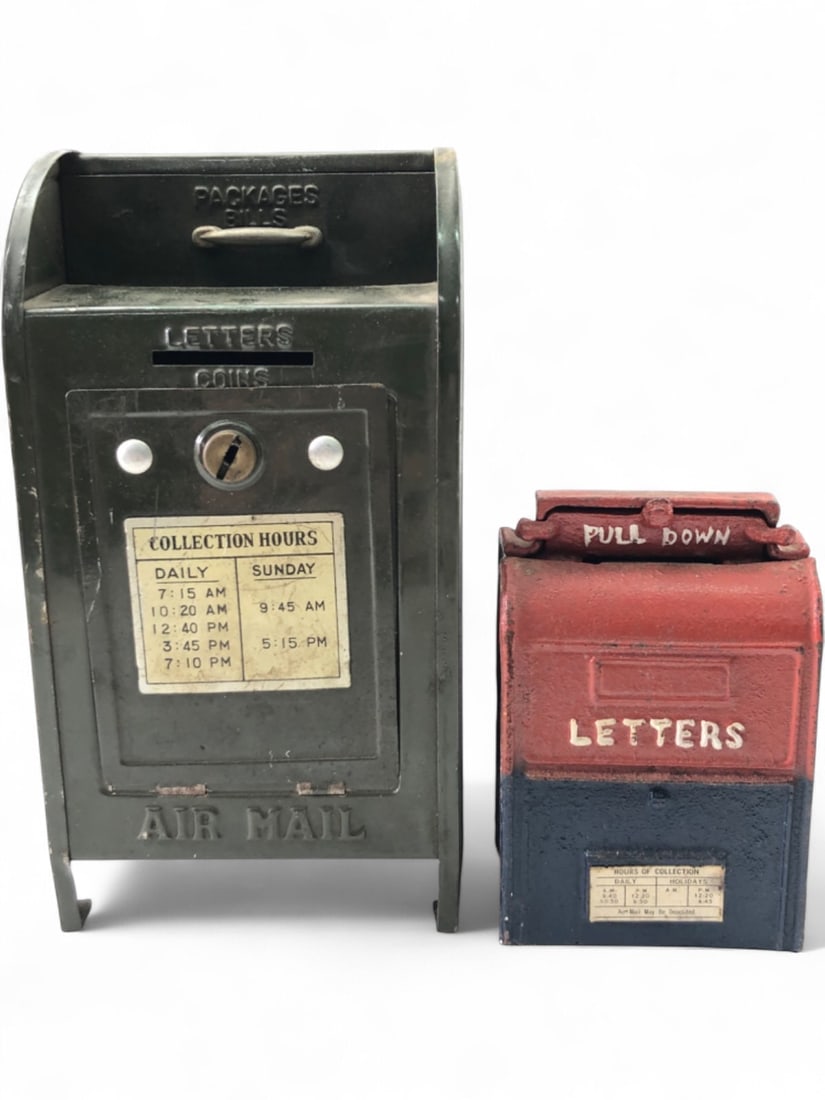 VTG LINE MAR TOYS & Cast Iron Mailbox Banks: A pair of vintage toy mailbox banks. The larger green metal bank by LINE MAR TOYS, Japan, features slots for 'Packages Bills,' 'Letters,' 'Coins,' 'Collection Hours,' and 'Air Mail.' Shows wear, paint