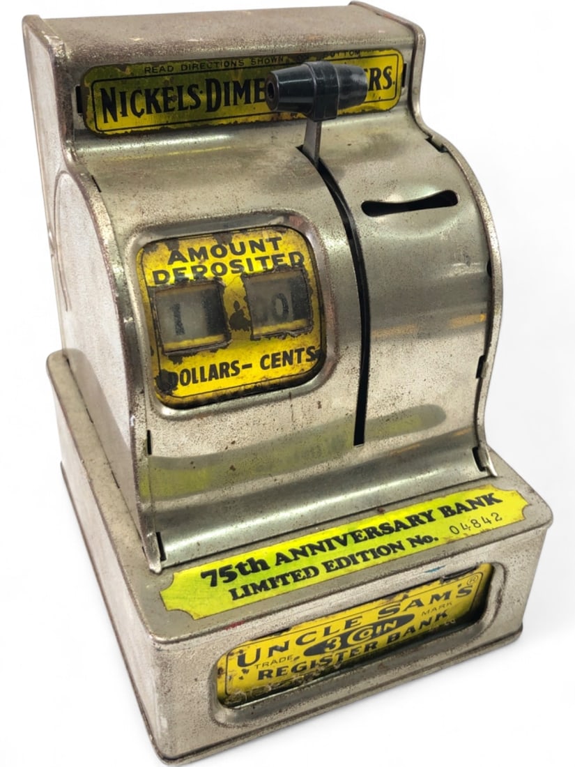 WESCO Uncle Sam's 75th Anniv. Register Bank: Vintage WESCO International Inc. Uncle Sam's 3-Coin Register Bank, 75th Anniversary Limited Edition No. 04842. Tin construction, this mechanical bank registers nickels, dimes, and quarters, displaying