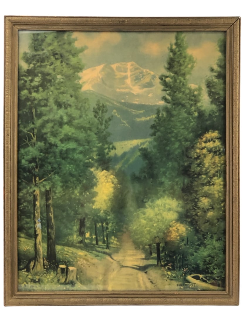 R. Atkinson Fox The Mount of the Holy Cross Print: A framed vintage color print titled "The Mount of the Holy Cross" after the original painting by R. Atkinson Fox. The artwork depicts a lush forest path leading toward the iconic Colorado mountain pea