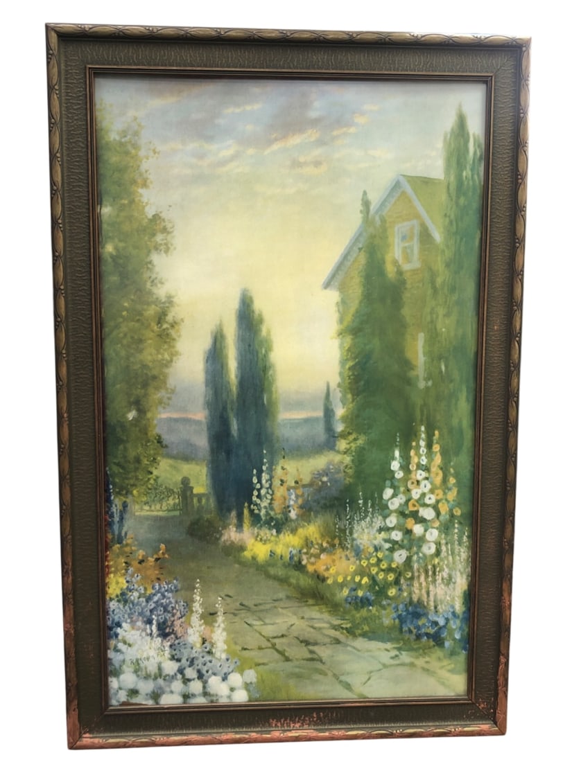 R. Atkinson Fox Garden Path House Artwork: Framed artwork signed "R. Atkinson Fox" in the lower left. Depicts a picturesque garden scene with a stone path leading to a gate, flanked by vibrant flowering plants and tall trees, with a yellow hou