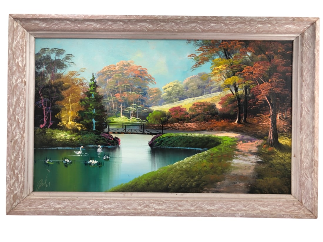 Signed Oil on Canvas Autumn Landscape, 1967: Oil on canvas painting signed "67" in the lower left. This vibrant artwork depicts an autumn landscape featuring a winding river with swans and water lilies, a small wooden bridge, and lush trees disp