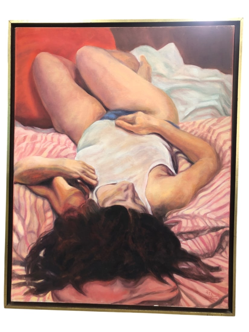 Allan Ash - Woman on Pink Stripes Oil Painting: Oil on canvas painting by Allan Ash, titled "Woman on Pink Stripes." Depicts a woman reclining on a bed with pink striped sheets and an orange pillow. Signed "ash" and dated "2000" on the lower right.