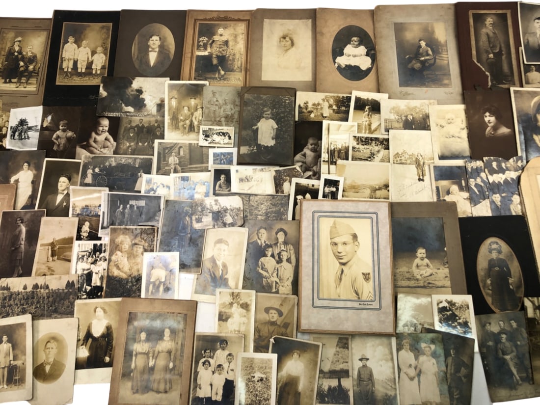 Collection of Early 20th Century Photographs and Militaria: Large collection of antique and vintage photographs, including cabinet cards, studio portraits, and snapshots. Features a 1944 'Memories' wedding booklet, a 1925 Italian marriage certificate from the 