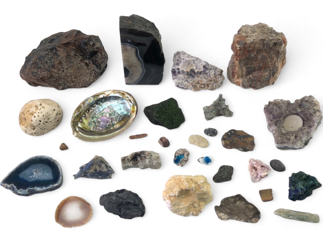 Assorted Mineral and Fossil Specimen Collection: A diverse collection of over 25 mineral and fossil specimens. Includes a large amethyst geode tea light holder, polished agate slices, a large abalone shell, kyanite, azurite with malachite, tiger's e