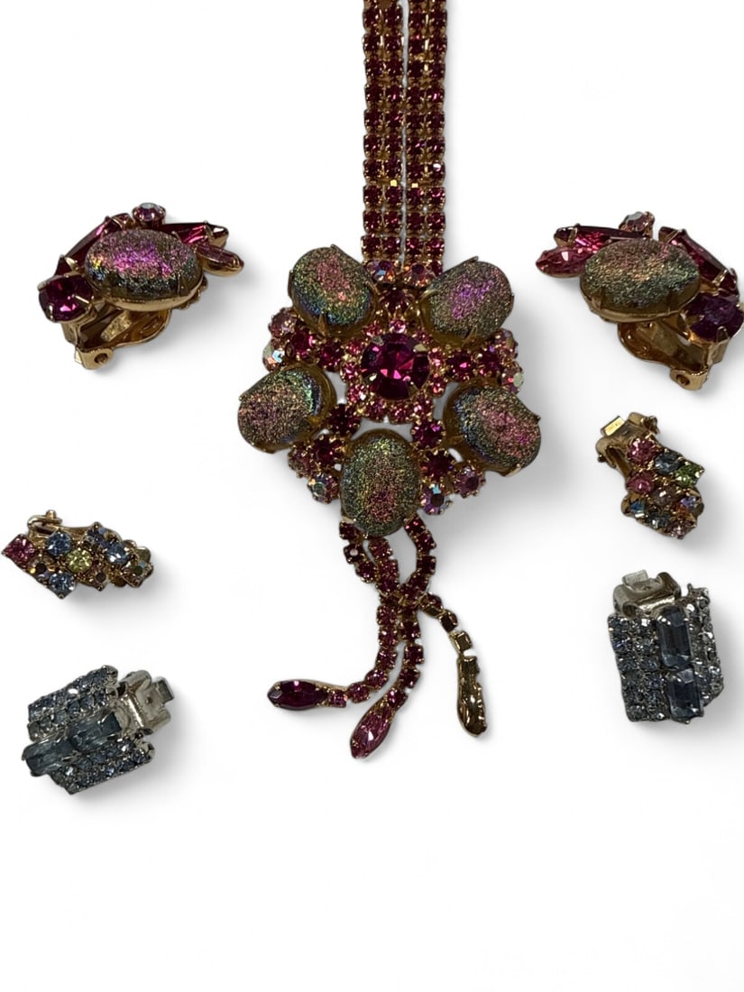 Vintage Juliana Style Rhinestone Jewelry Suite: Five-piece costume jewelry collection featuring a large floral pendant necklace with multi-strand rhinestone chain and matching clip-on earrings. The set is characterized by textured 'Easter Egg' art 