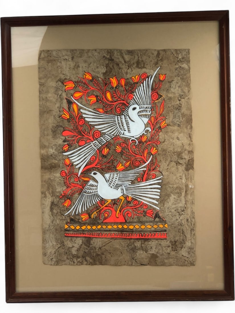 Mexican Amate Bark Painting of Birds and Flowers: Hand-painted artwork on amate bark paper featuring two stylized white birds amidst vibrant red and orange floral and vine motifs. The piece includes a geometric border at the bottom and is presented