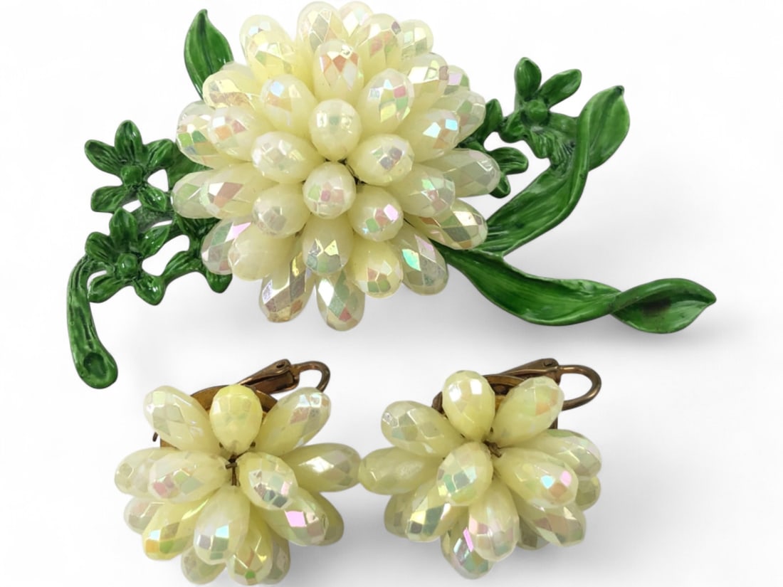 Vintage Enamel and Aurora Borealis Bead Jewelry Set: Three-piece jewelry set featuring a floral brooch and matching clip-on earrings. The brooch is designed with a large cluster of pale yellow aurora borealis faceted beads on a green enameled metal stem