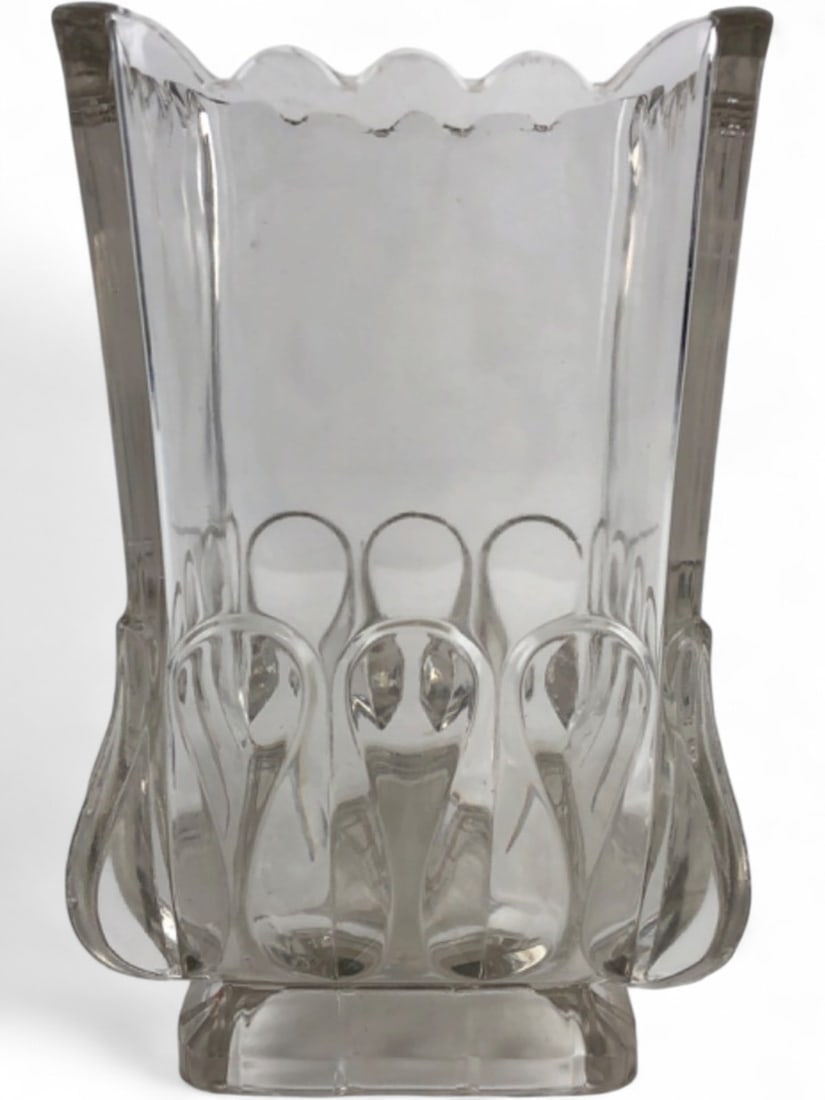 Adams & Company Crystal Wedding Celery Vase: Adams & Company clear pressed glass celery vase in the "Crystal Wedding" pattern, c. 1890. Features a scalloped rim, square opening, and decorative base with petal-like motifs. Originally designed to 