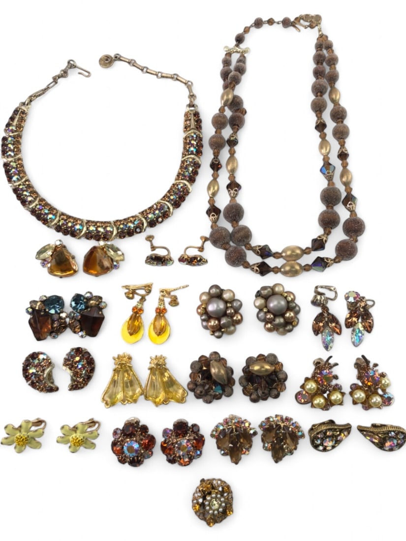 Weiss and Assorted Vintage Costume Jewelry Lot: Vintage costume jewelry lot featuring a necklace and earring set marked Weiss. Includes two necklaces, one a double strand of textured and faceted beads, and various clip-on and screw-back earrings in