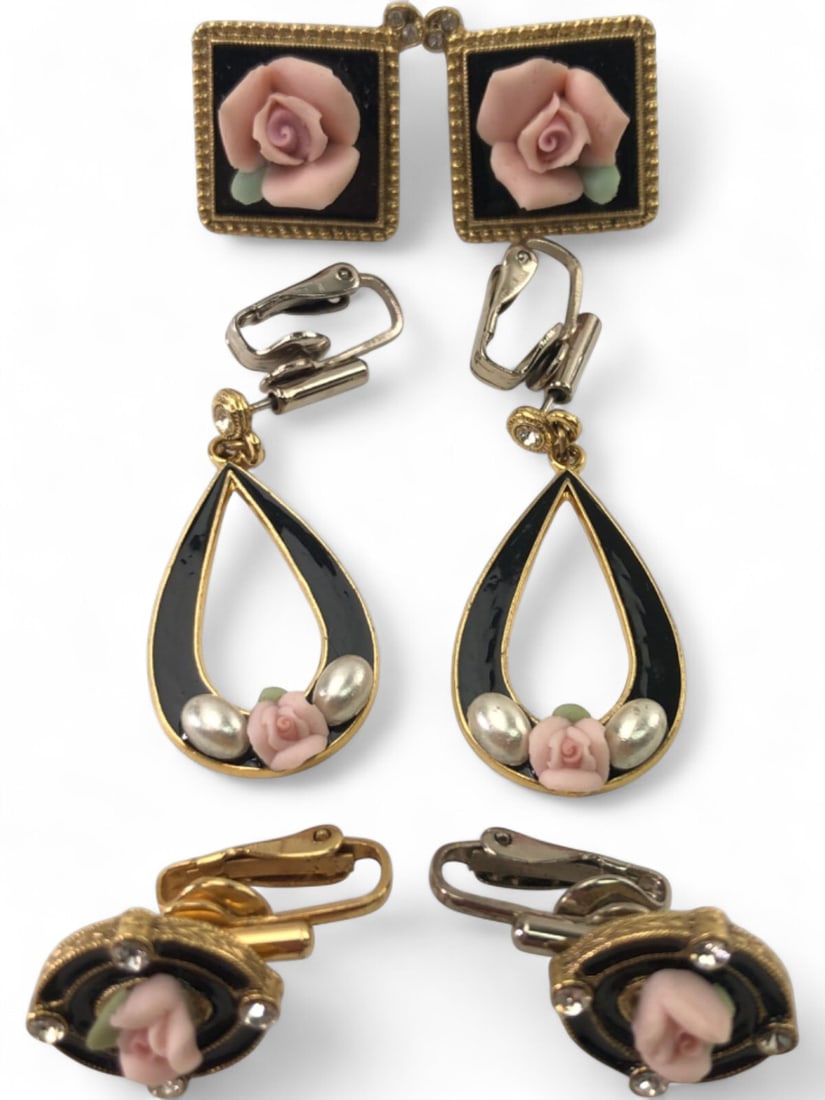 Pr. Vintage Style Porcelain Rose Clip-On Earrings: Three pairs of clip-on earrings featuring hand-molded pink porcelain roses. Includes one pair of square gold-tone frames with black enamel and rhinestone accents, one pair of teardrop-shaped gold-tone