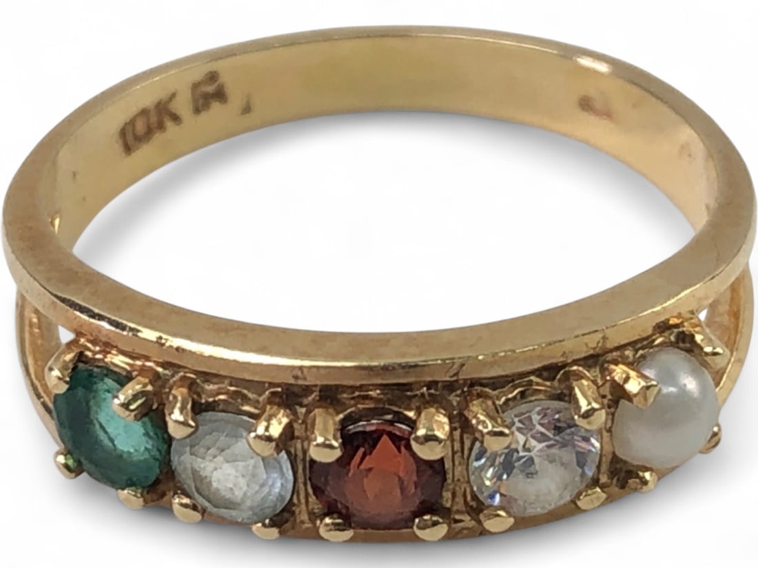 10K Gold Multi-Gemstone Mother's Ring, Size 5: 10K yellow gold mother's ring featuring five round-cut gemstones including emerald, aquamarine, garnet, cubic zirconia, and a cultured pearl. The ring features a split-shank design and is marked '10K'