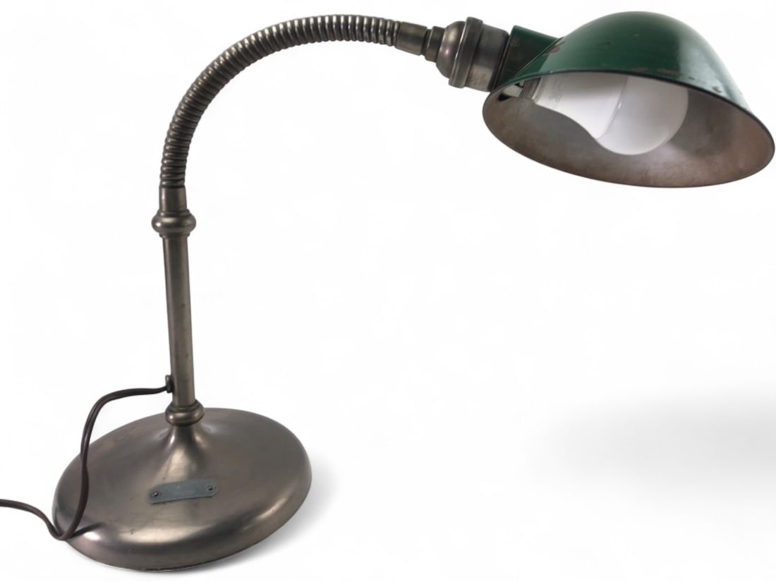 Rare U.S. Post Office Dept. Industrial Desk Lamp: Rare industrial office desk lamp, c. 1930s, featuring a steel base and flexible gooseneck arm. Green enameled metal shade shows surface wear and oxidation. Base features an applied metal tag stamped "