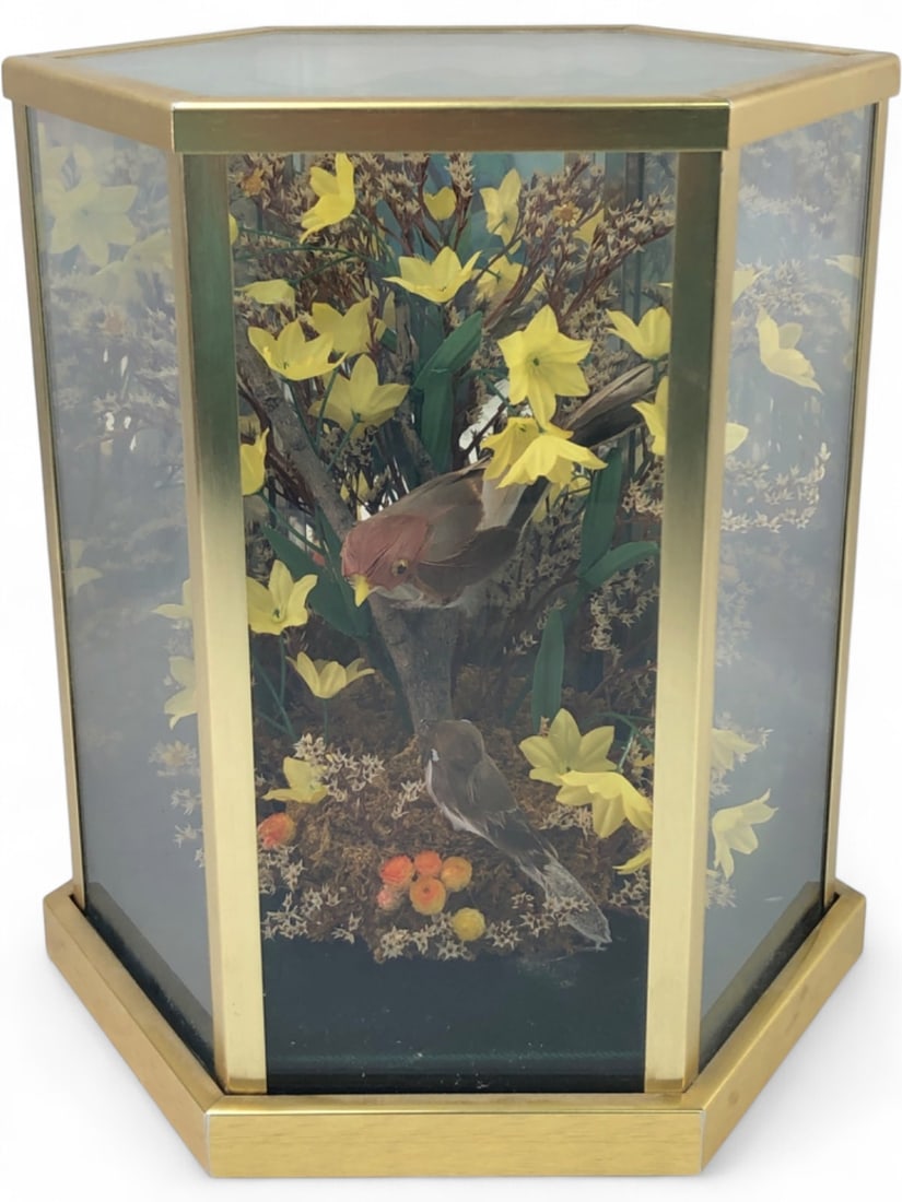 Vintage Hexagonal Brass and Glass Bird Diorama: A vintage hexagonal display case featuring a nature-themed diorama. The brass-framed glass case houses two artificial birds perched among yellow silk flowers, dried botanicals, and moss. The back
