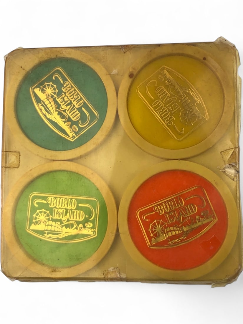 VTG Boblo Island Michigan Amusement Park Coasters: Set of four vintage plastic coasters featuring the Boblo Island amusement park logo. Includes green, yellow, lime green, and orange coasters with gold-tone foil stamped graphics depicting a Ferris whe