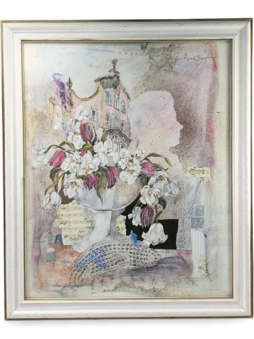 Leonore Zimmerman W.A. Mozart Mixed Media Print: Framed mixed media artwork by Leonore Zimmerman, titled 'W.A. Mozart'. The piece features a profile silhouette of Mozart integrated with a floral still life, architectural elements, and musical
