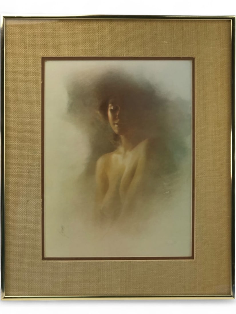 Signed Boudoir Print of a Nude Woman: A signed boudoir print featuring a soft-focus, ethereal depiction of a nude woman. The artwork is characterized by its hazy, atmospheric style and warm lighting. It is housed in a gold-toned metal