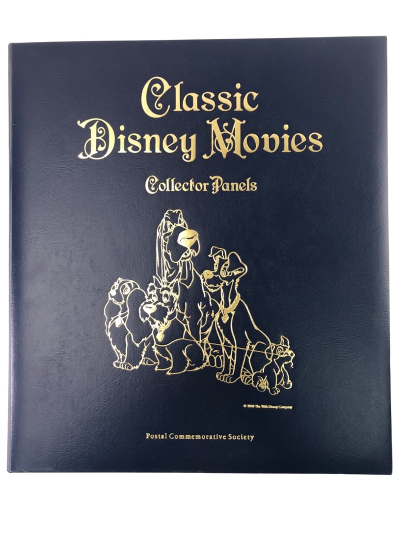 Postal Commemorative Society Classic Disney Movies: Classic Disney Movies Collector Panels album by the Postal Commemorative Society, c. 1990. This blue three-ring binder contains illustrated story pages paired with commemorative postage stamps from va
