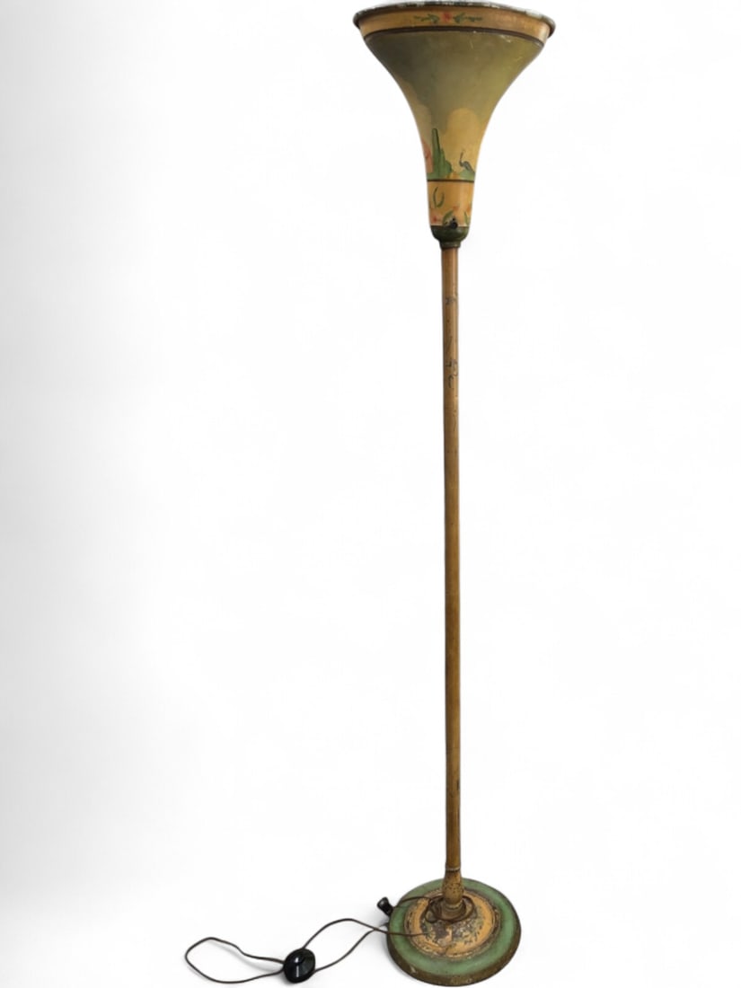 VTG Luminator Inc. Hand-Painted Floor Lamp: Vintage floor lamp by Luminator, Inc. of Chicago. Features a metal torchiere-style shade with a hand-painted pastoral scene depicting a woman in 18th-century dress, a peacock, and floral motifs. Cast