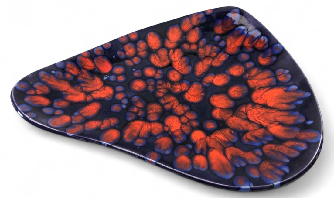 Weaver Detroit Abstract Ceramic Bowl: Abstract ceramic bowl by Weaver Detroit. Features an organic, triangular form with a vibrant red and blue crystalline drip glaze over a dark ground. Measures 17.25" long. Signed "Weaver Detroit" on