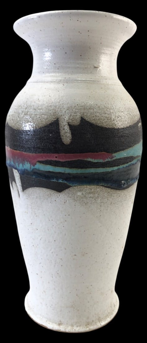 Studio Art Pottery Vase, Hawaii, 1988: Large studio art pottery vase, 12.5" H, featuring a white speckled glaze with a black, maroon, and teal decorative band. Signed and dated 1988 on the base. Origin: Hawaii. Condition: hairline crack