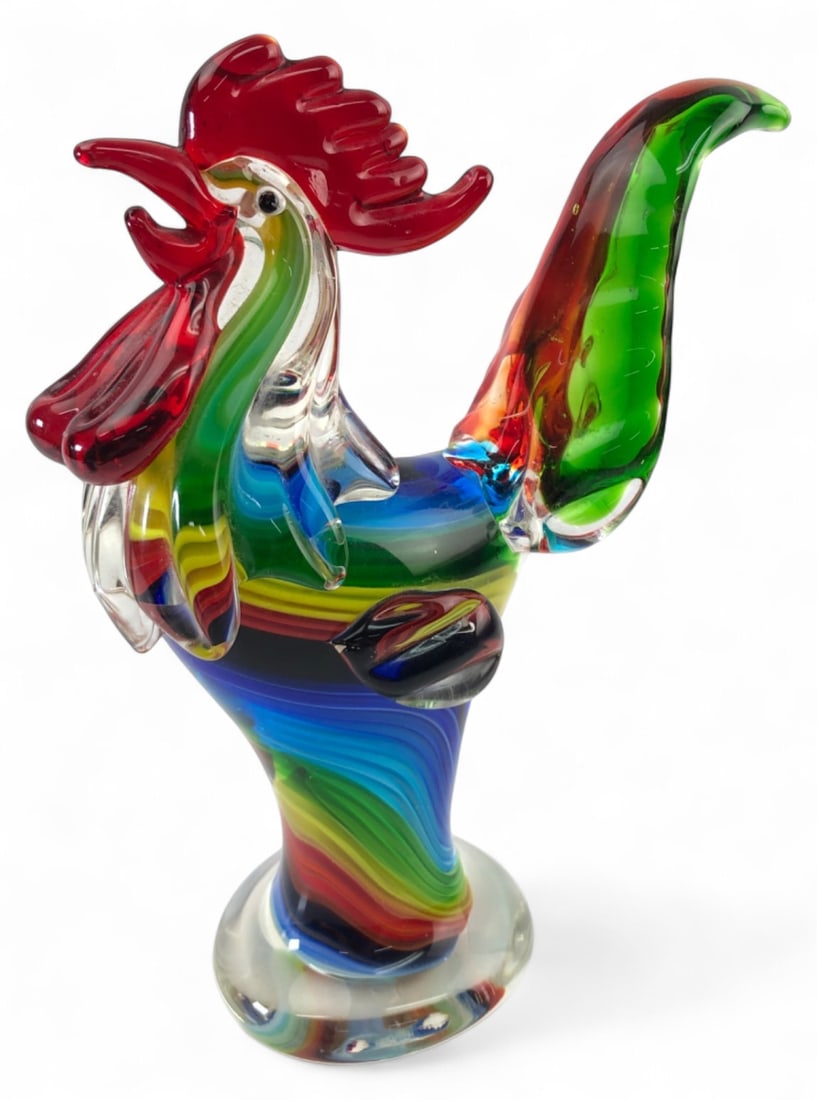 Dale Tiffany Favrile Art Glass Rooster, 11.5" H: Art glass rooster, attributed to Dale Tiffany, featuring vibrant multi-colored rainbow swirl glass with a clear base. Hand-blown style construction. Measures 11.5" H. Excellent condition with no