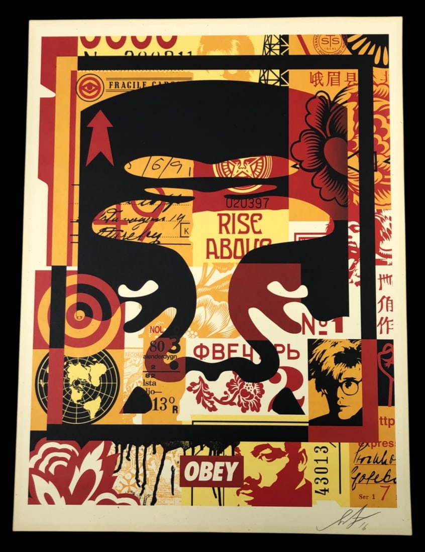 Shepard Fairey Signed Offset Lithograph: Shepard Fairey (American, b. 1970) signed offset lithograph, 18" x 24". Features the iconic Obey Giant motif with collage-style graphic elements, including text "Rise Above" and "Obey". Signed and