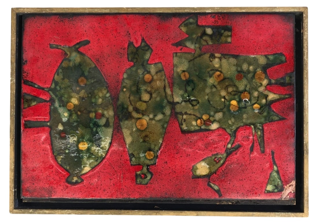 MCM Sherry Shrut Enamel on Board Artwork: Mid-century modern enamel on board artwork by Sherry Shrut. Features abstract, organic forms in green and yellow tones against a vibrant red background. Measures 13" x 9". Piece is currently detached