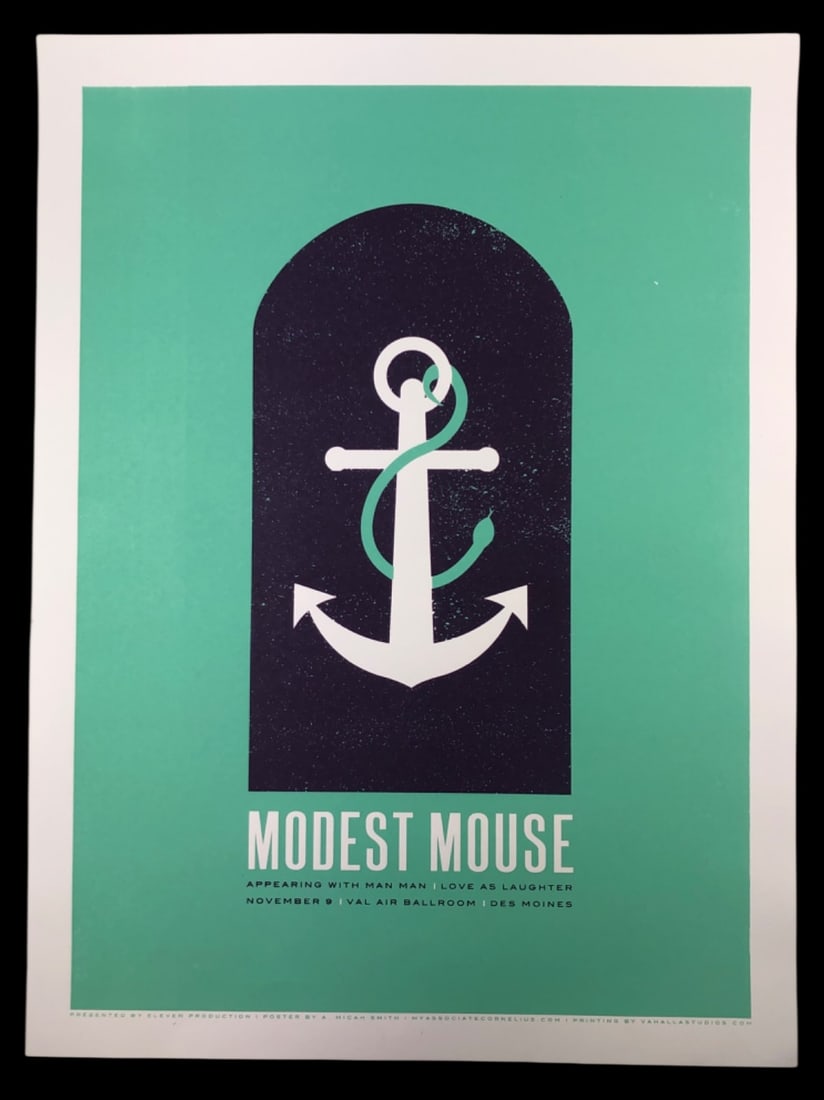 Modest Mouse Concert Screenprint Poster, 18x24": Screenprint concert poster for Modest Mouse, featuring supporting acts Man Man and I Love as Laughter at the Val Air Ballroom in Des Moines on November 9. Designed by A. Micah Smith and printed by