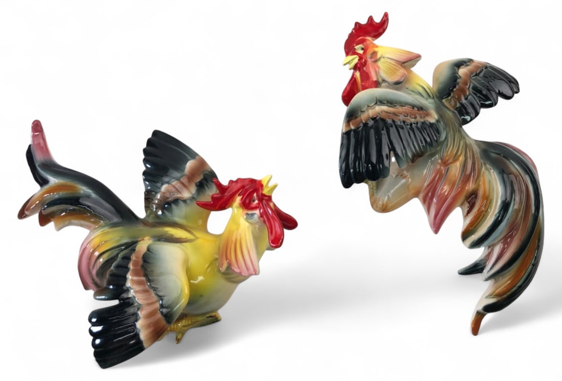 Rare VTG Norcrest Ceramic Rooster Wall Plaques: Pair of vintage hand-painted ceramic rooster wall plaques by Norcrest. Features high-gloss glaze in vibrant yellow, red, and black tones. Both bear original blue and gold foil Norcrest Japan labels