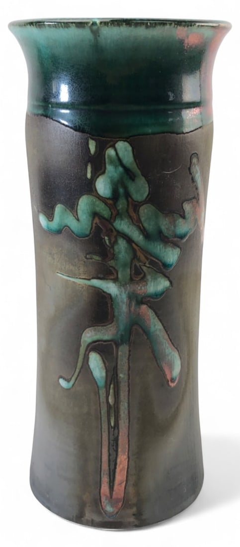 VTG Tony Evans Signed Raku Pottery Vase, 11.5" H: VTG raku pottery vase by Tony Evans (American, 1942-2009). This stoneware piece features a flared rim with a metallic copper and turquoise luster glaze over a matte dark body with abstract calligraphi