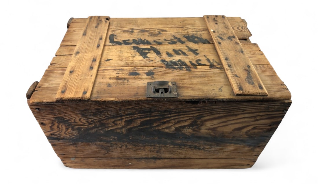 VTG Wooden Beer Crate Flint, MI: Vintage wooden beer crate with hinged lid and cut-out handles. Features hand-painted black lettering on the lid reading "Lewiss St. Flint Mich". Constructed from solid wood planks with metal hinges